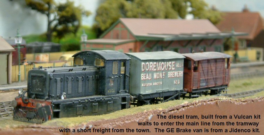 Diesel tram plus freight train